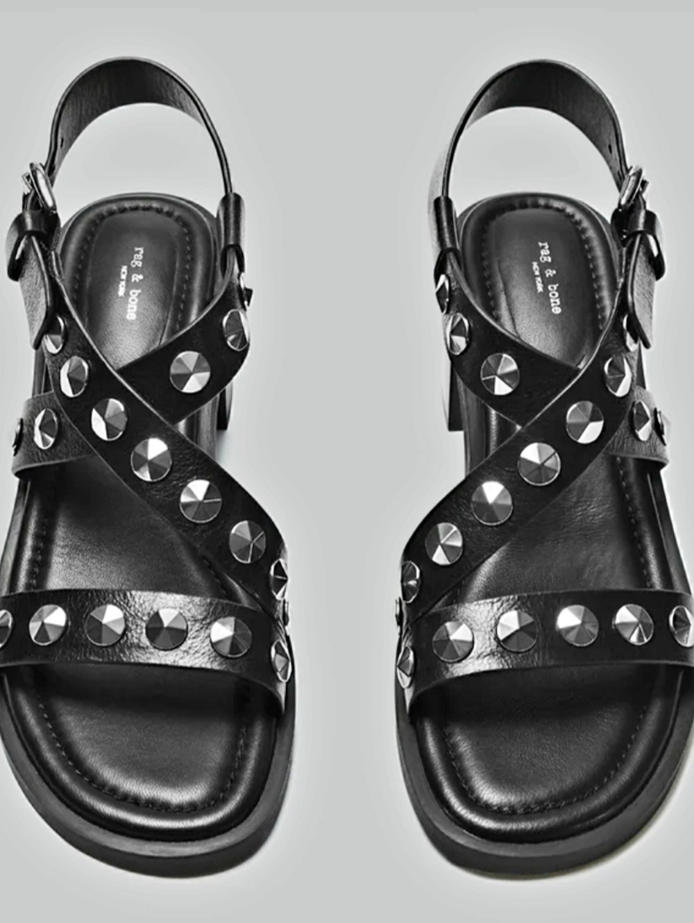 Rag & Bone Geo Studded Strap 100% LeatherBlack Sz 7.5/8US 37EU Block Heel 2inch